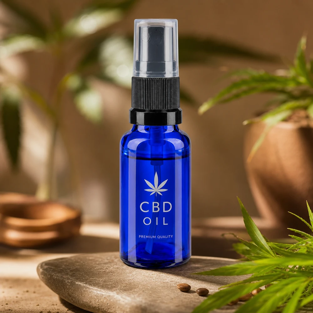 Lékárenská láhev modrá 20ml nástavec na rozprašování černá Lichtschutz-Sprühflasche 20ml blau für Aromatherapie Tinktur und Pflegeprodukte