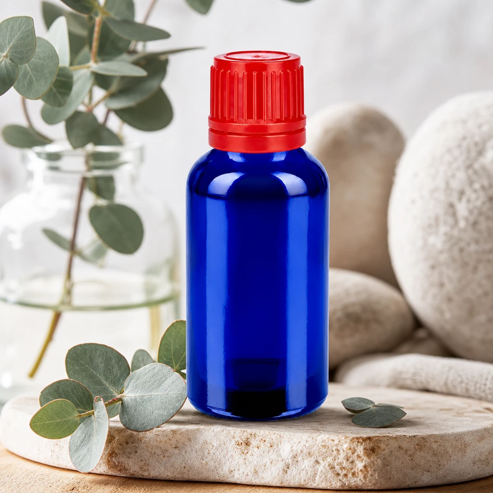 30ml láhev 11mm šroubovací uzávěr červený uzávěr s ochranou proti manipulaci BlueLine UT18/30 Vielseitige 30ml Glasflasche BlueLine mit rotem Tropfverschluss für DIY-Mischungen und Seren