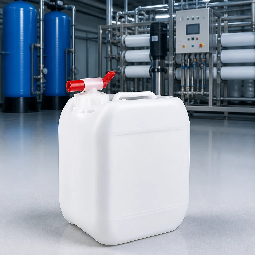Kanystr o objemu 5 litrů s vypouštěcím kohoutkem Robuster Rechteckkanister 5 Liter mit rotem Drehventil auf Epoxidharzboden