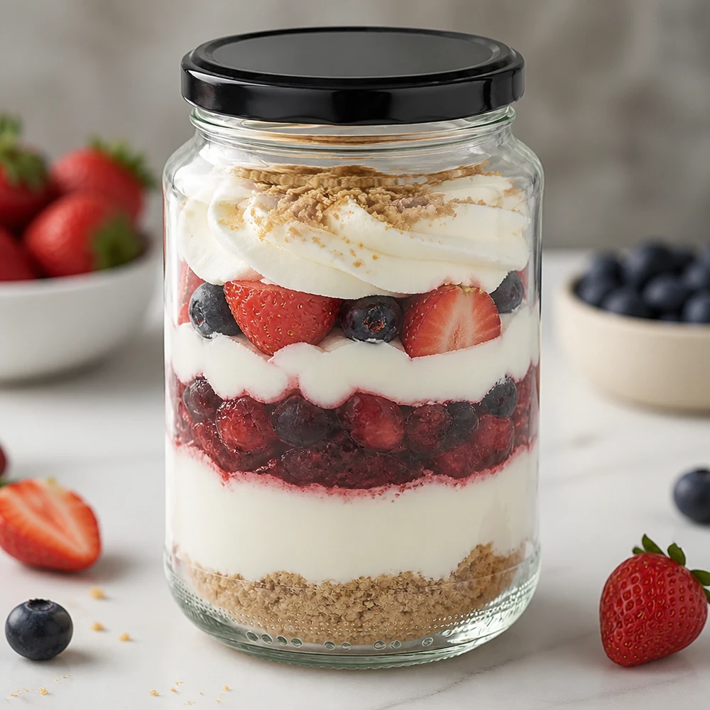 375ml kulatá sklenice s víčkem BasicSeal černá UNiTWIST 375ml Rundglas mit schwarzem Deckel als Dessertglas für Beeren-Trifle zeigt kreative Verwendung als Portionsglas