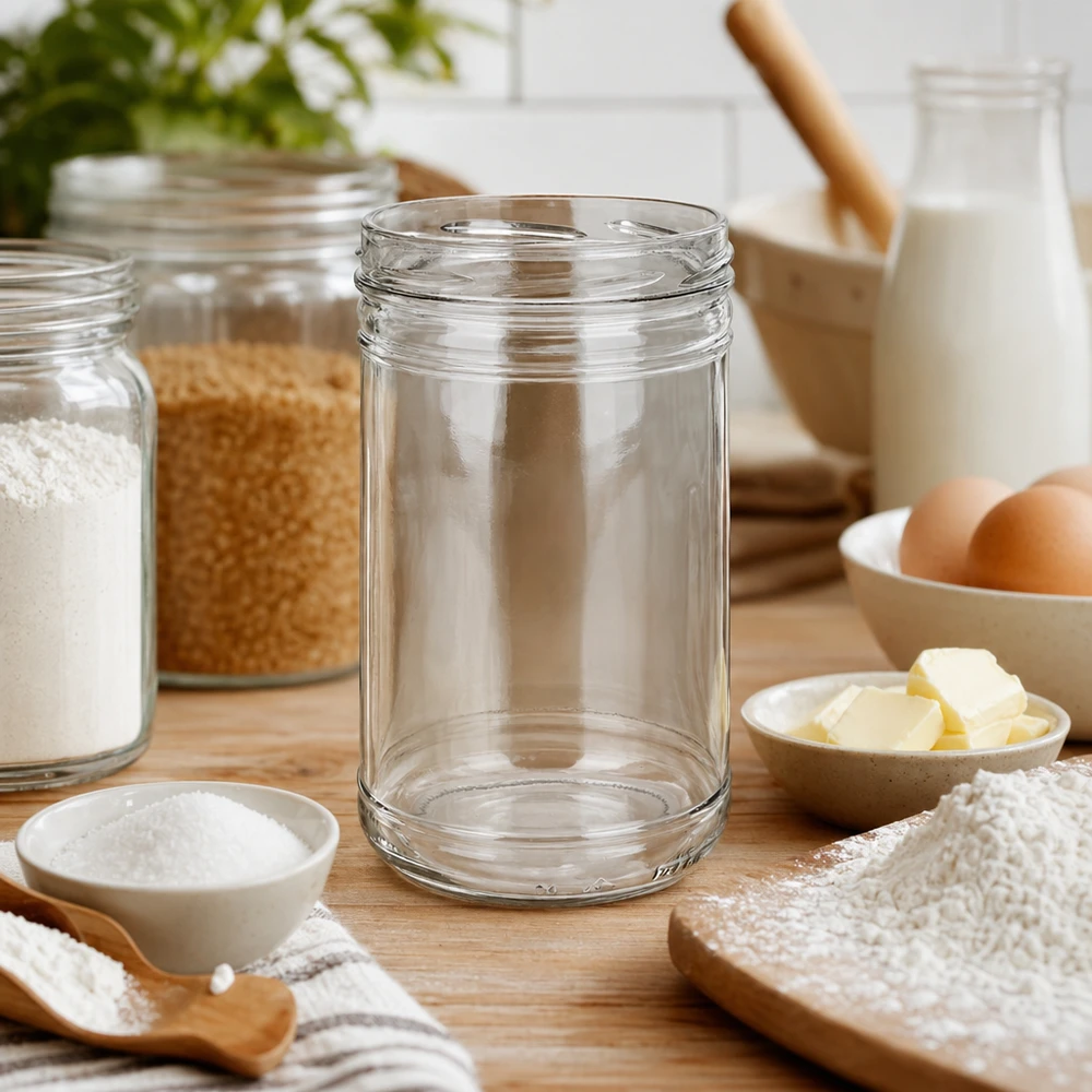 Nádobky o objemu 1053 ml bez víčka (TO100) UNiTWIST UNiTWIST Sturzglas 1053ml TO100 zwischen Backzutaten Mehl Butter Eiern als vielseitiges Küchen Aufbewahrungsglas