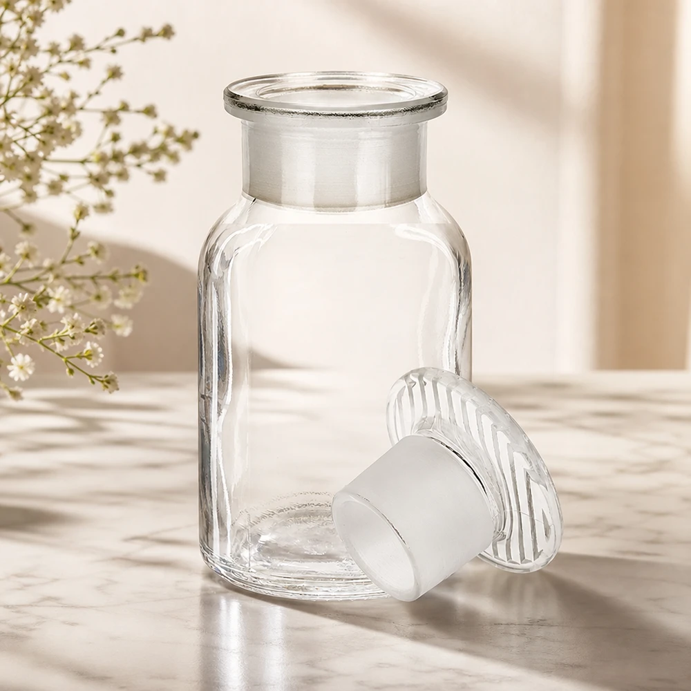 Láhev s kulatým ramenem 100ml čirá skleněná zátka se širokým hrdlem Dekorative klare Glasflasche 100ml Rundschulter Weithals mit mattem Stopfen für Gewürze