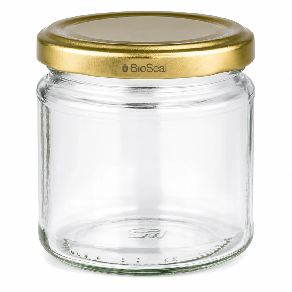 Kulatá sklenice o objemu 212 ml se zlatým víčkem UNiTWIST BioSeal. Leeres Rundglas 212ml mit goldenem TO66 BioSeal Schraubdeckel für Marmelade und Konserven