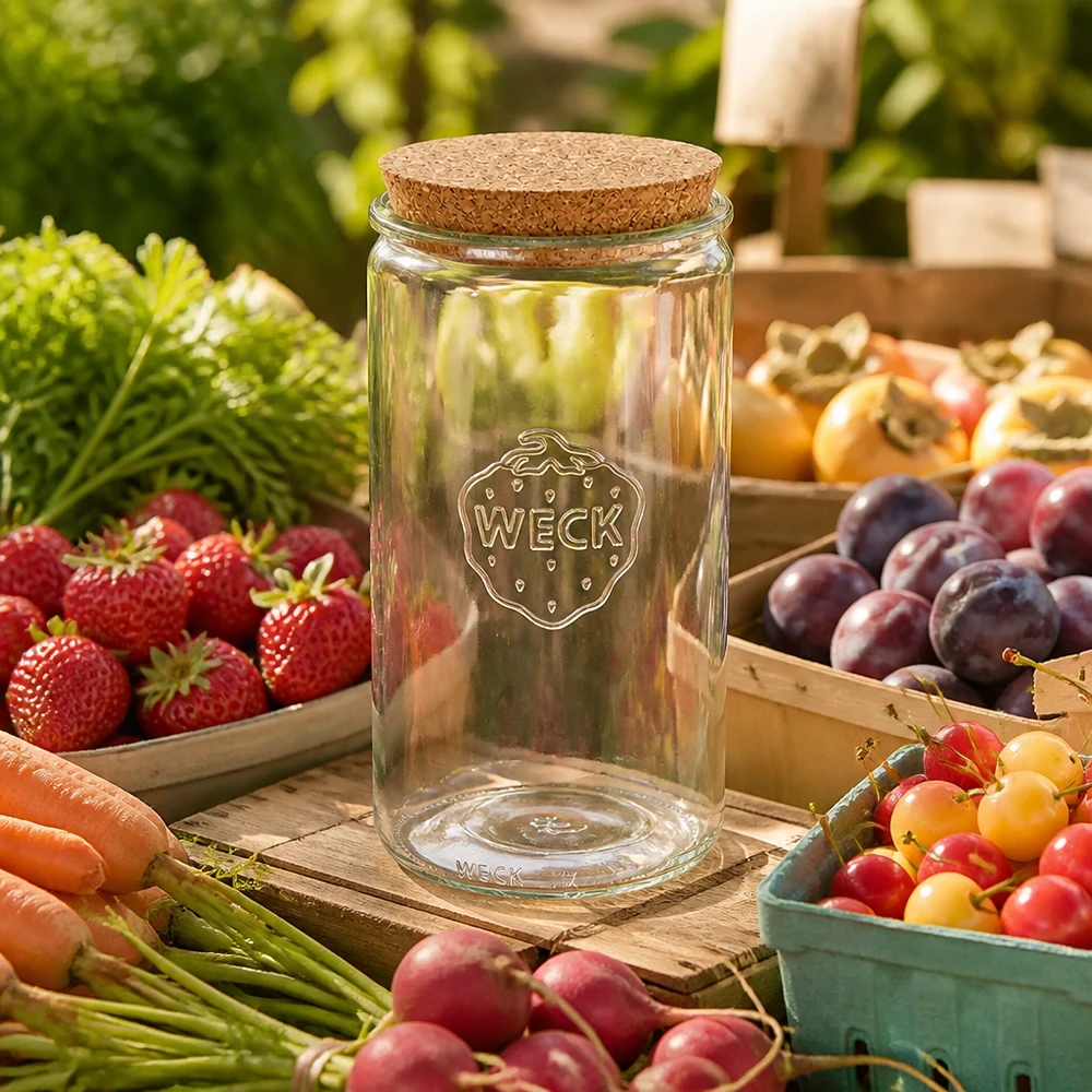 1590ml válcová nádoba WECK RR100 s korkem přírodní WECK Zylinderglas 1590ml RR100 leer mit Korkdeckel umgeben von frischem Obst und Gemüse auf Holzuntergrund