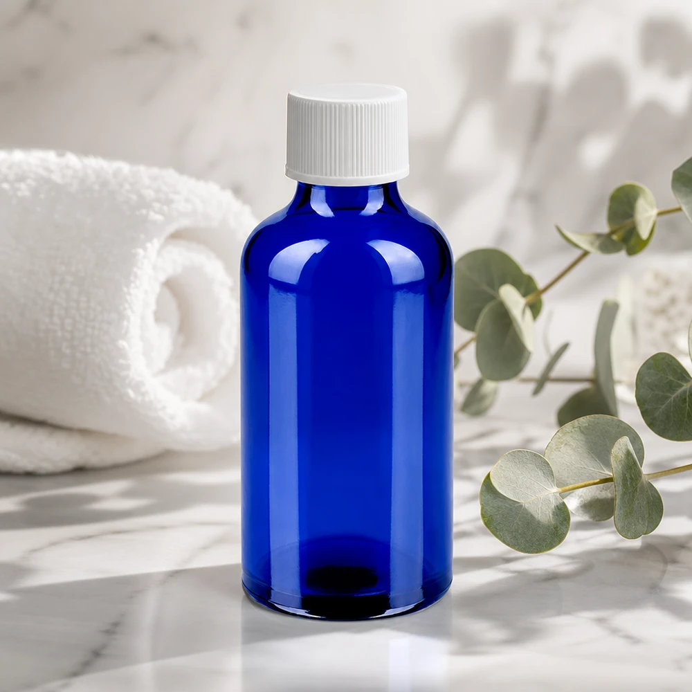 50ml láhev s 11mm šroubovacím uzávěrem bílá Standard BlueLine UT18/50 Professionelle blaue 50ml Glasflasche mit dichtem Verschluss für Labor und Praxis