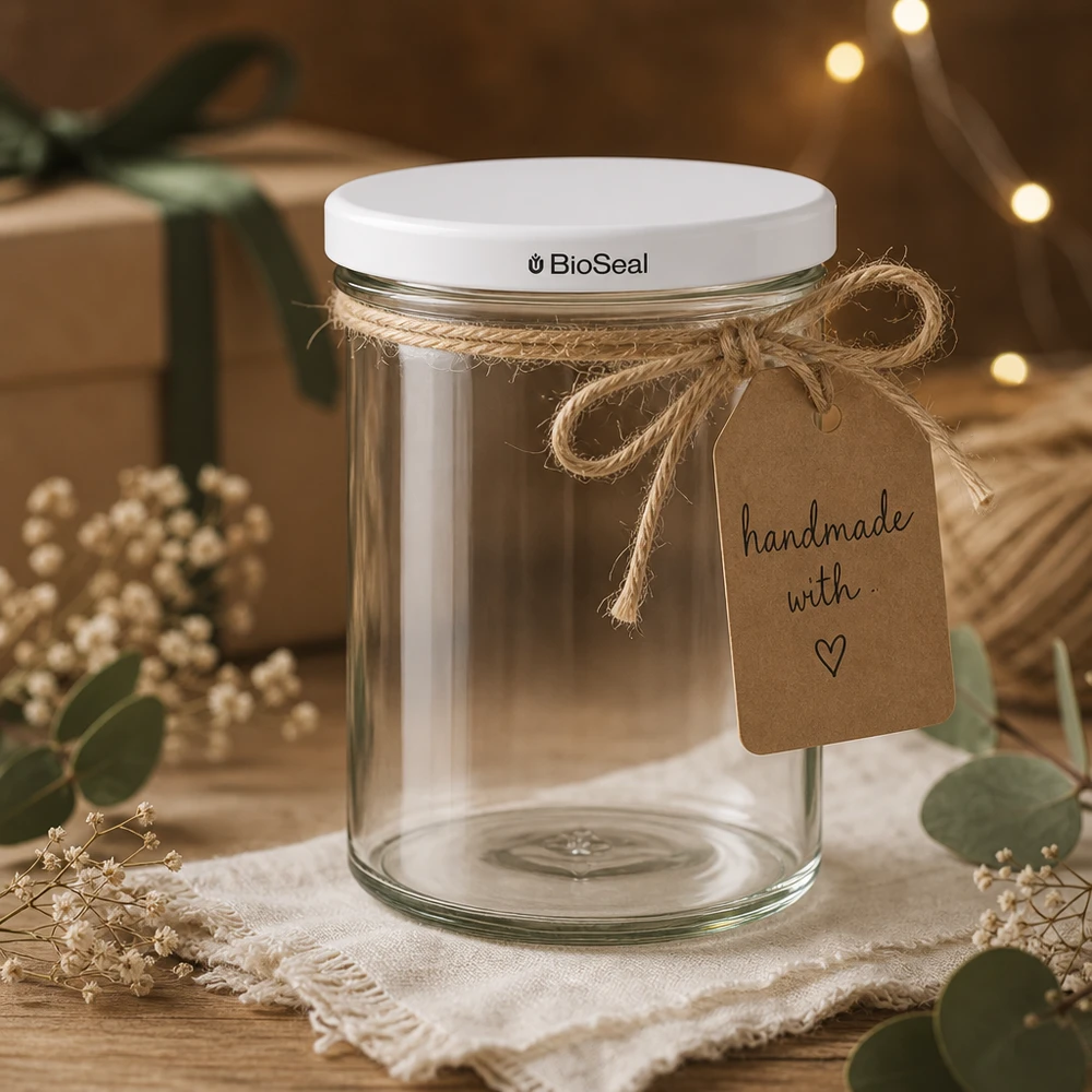 435ml sklenice s bílým víčkem BioSeal UNiTWIST UNiTWIST Sturzglas 435ml als Geschenkverpackung mit Bastschnur und handmade Anhänger zeigt kreative DIY Deko Ideen