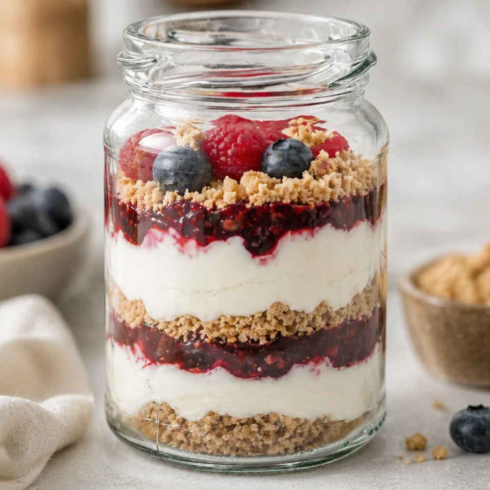 Kulatá sklenice o objemu 205 ml bez víčka (TO58) UNiTWIST UNiTWIST Runda205 Rundglas 205ml mit geschichtetem Dessert aus Joghurt Beeren und Streuseln TO58 Einmachglas