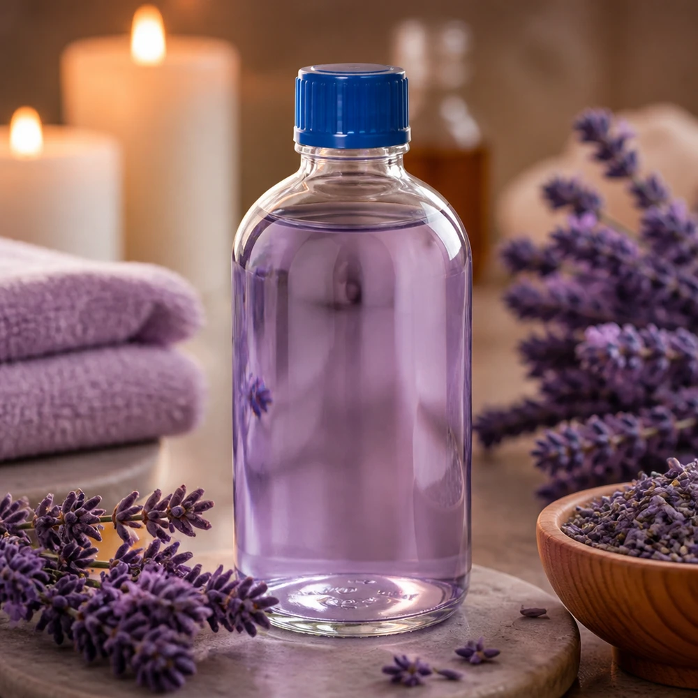 100ml láhev 11mm šroubovací uzávěr modrý Standard ClearLine UT18/100 Kleine Ölflasche 100ml ClearLine UT18 transparentes Glas blauer Schraubdeckel Badezimmer