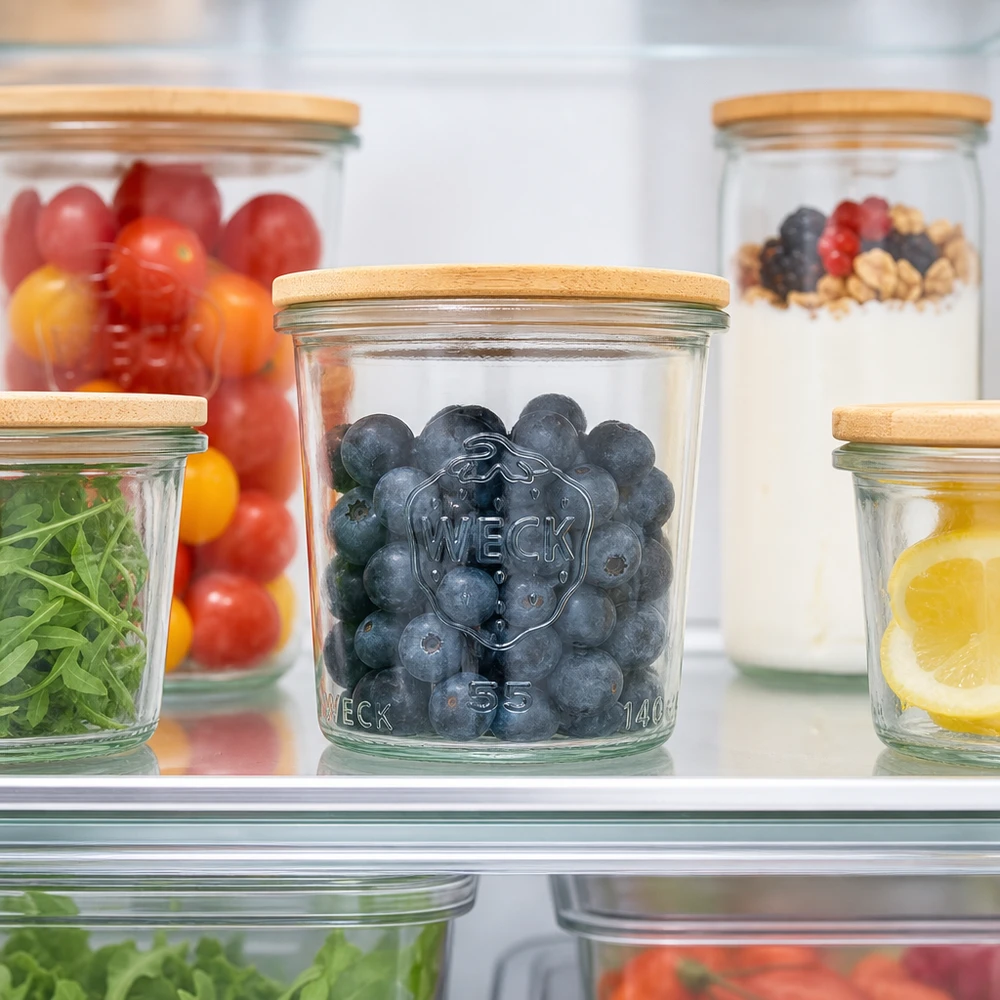WECK Sturzglas 140ml RR60 mit Blaubeeren im Kühlschrank zeigt optimale Frischhaltung und Aufbewahrung von Obst