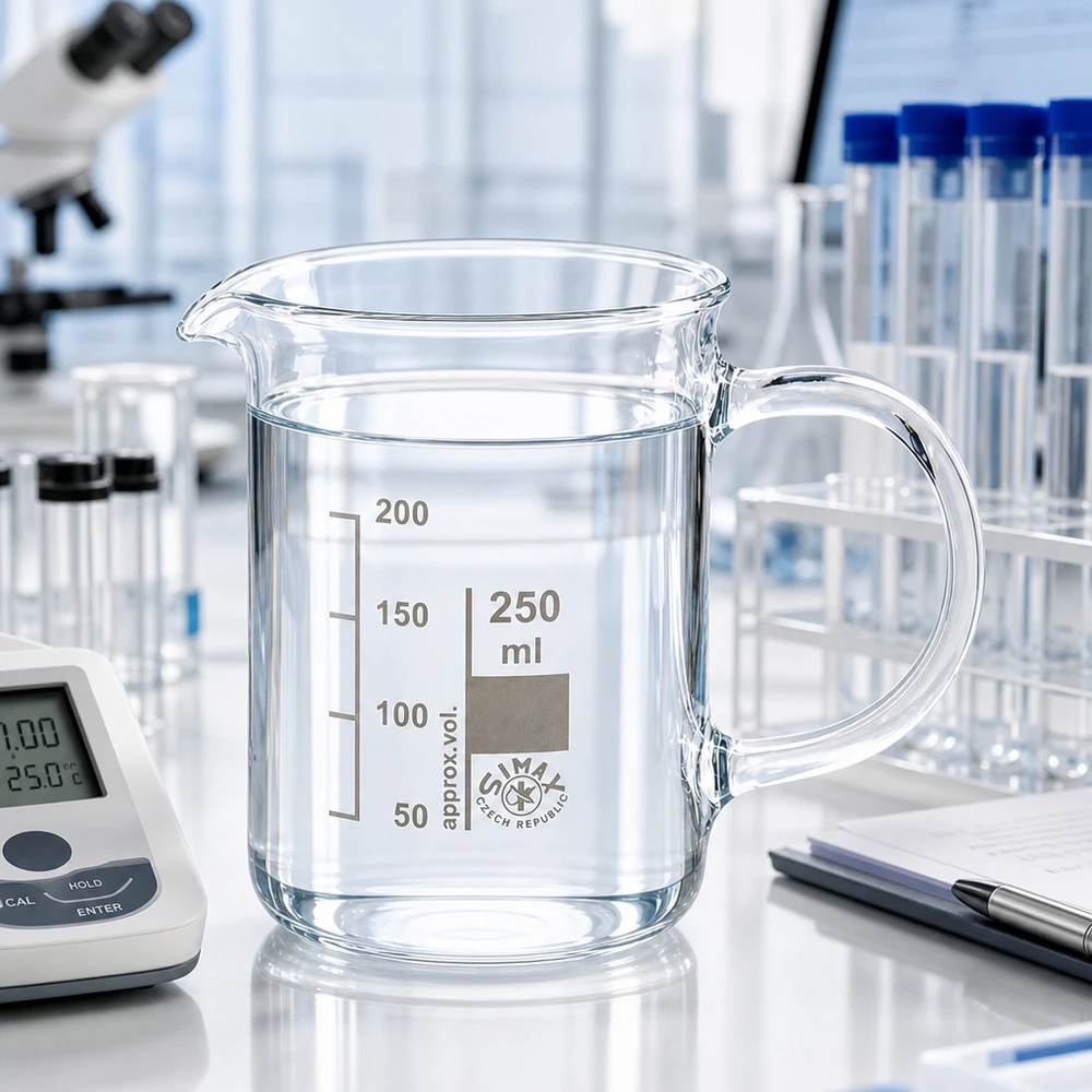 Kádinka z borosilikátového skla 250ml, s rukojetí Zylindrisches Laborbecherglas 250ml mit Griff und eingeätzter Volumenskala aus Borosilikatglas