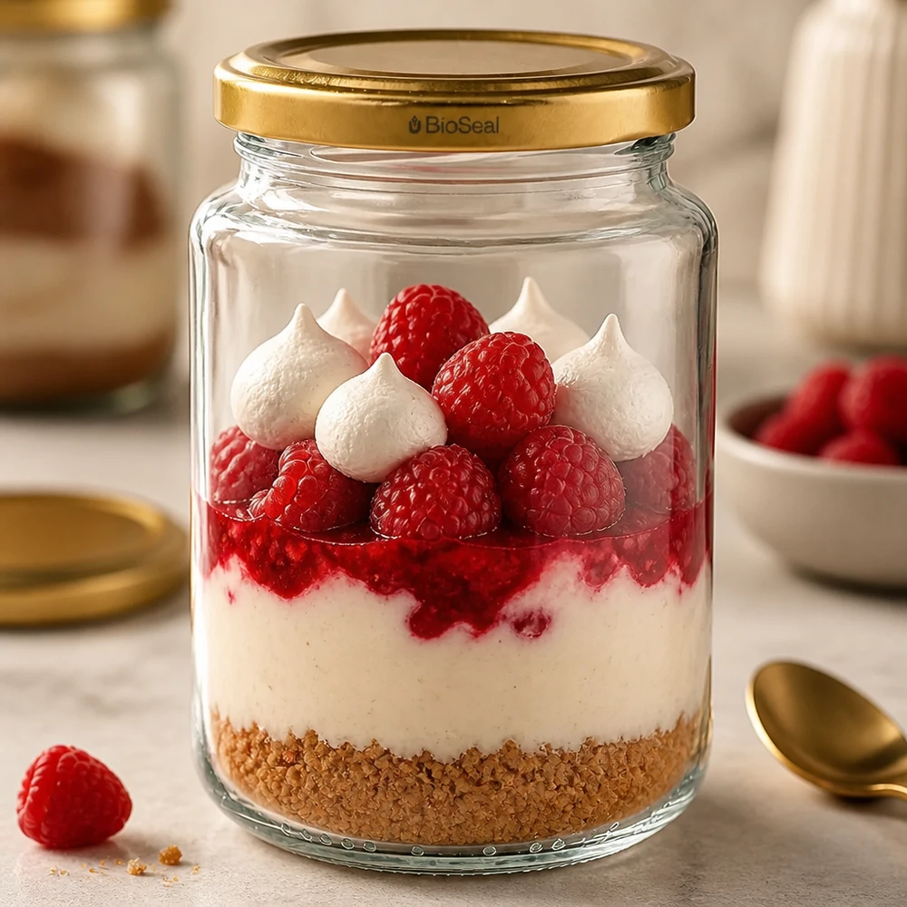 UNiTWIST Runda382 als Dessertglas mit Himbeeren und Baiser, goldener TO66 BioSeal Deckel, Schichtdessert im Glas