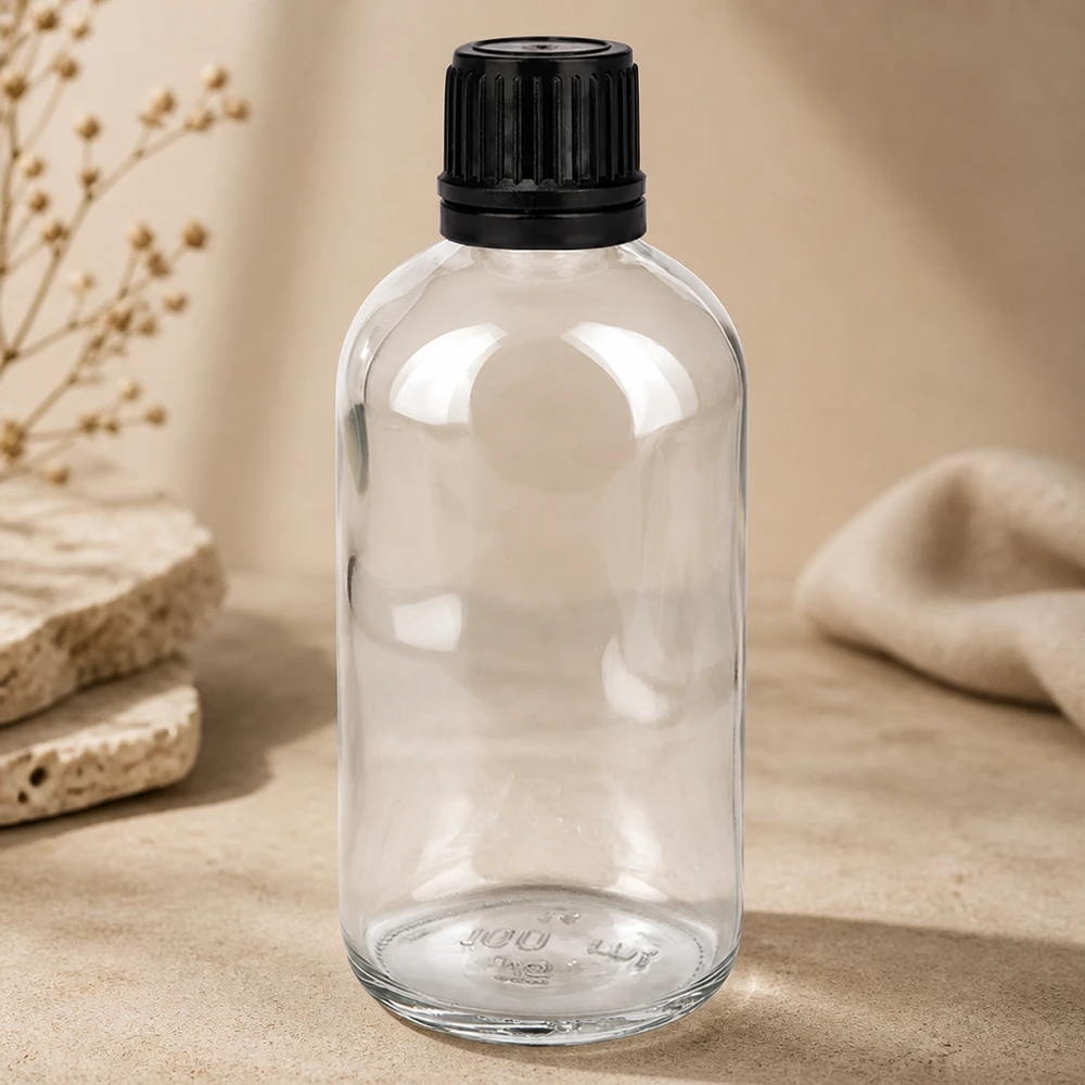 100ml globulová láhev 3mm nalévací kroužek černý standardní uzávěr ClearLine UT18/1 Pharmaglasflasche 100ml mit Originalitätsverschluss für Heilmittel und Tinkturen