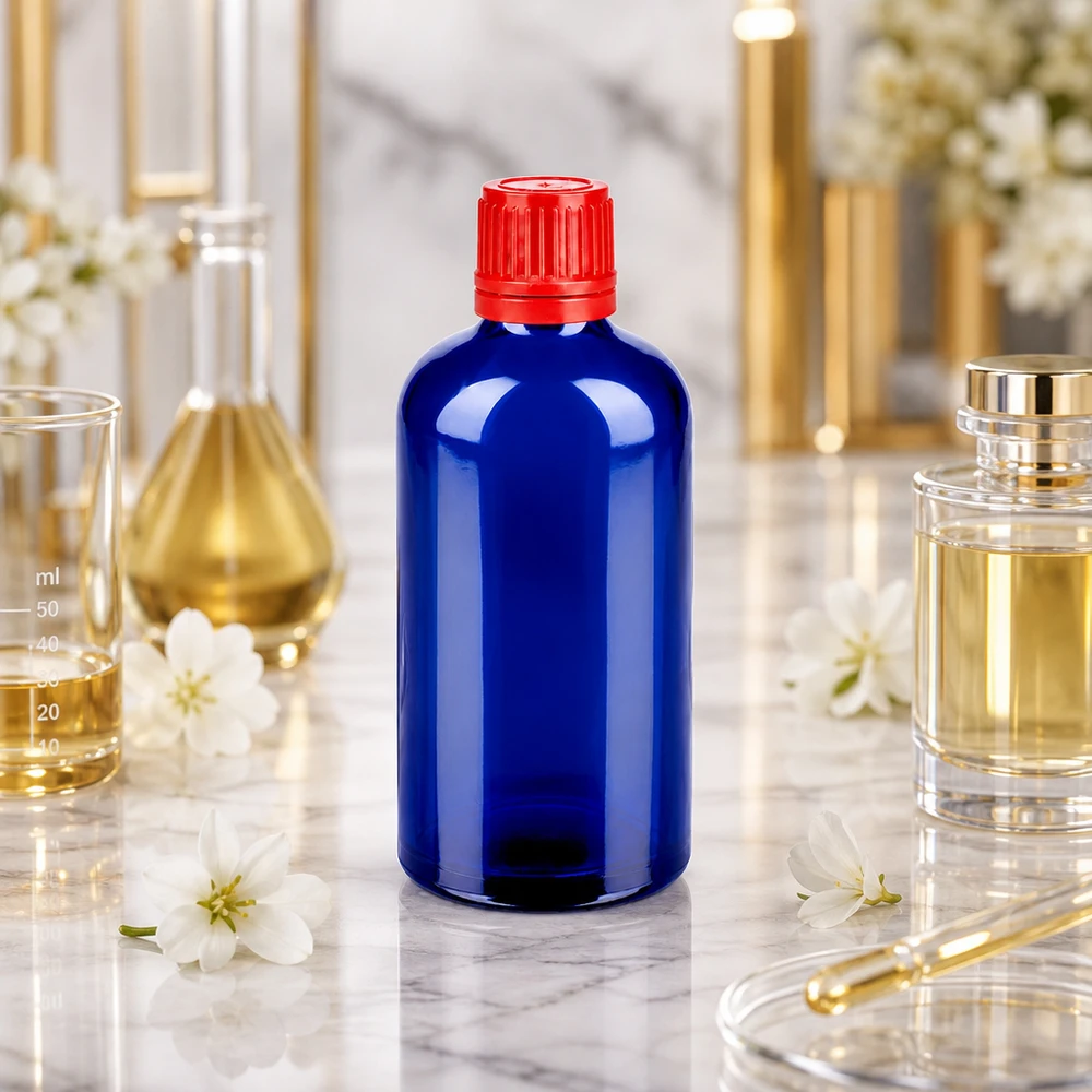 100ml láhev 11mm šroubovací uzávěr červený s pojistkou proti manipulaci BlueLine UT18/100 Cobaltblaue 100ml Glasflasche mit ergonomischem Design für einfache Handhabung in Labor
