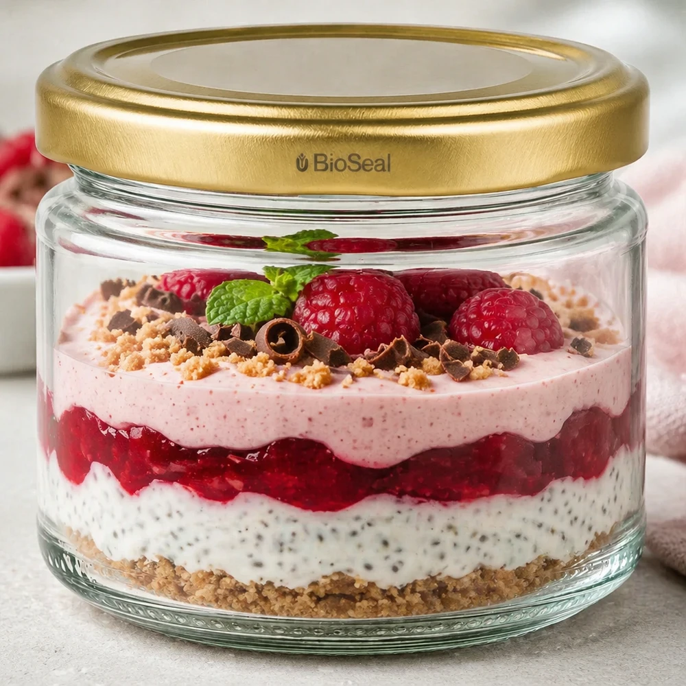 UniTWIST Runda330 mit goldenem BioSeal Deckel als stylisches Dessertglas für Schichtdesserts und Parfaits im Alltag