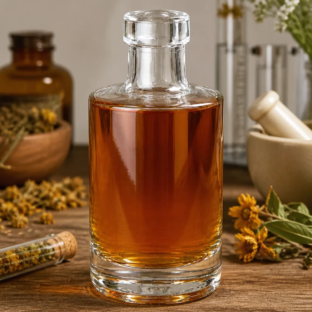 200ml Glasflasche Marie mit bernsterfarbenem Öl befüllt Apotheker-Stil mit getrockneten Heilkräutern natürliche Aromathe
