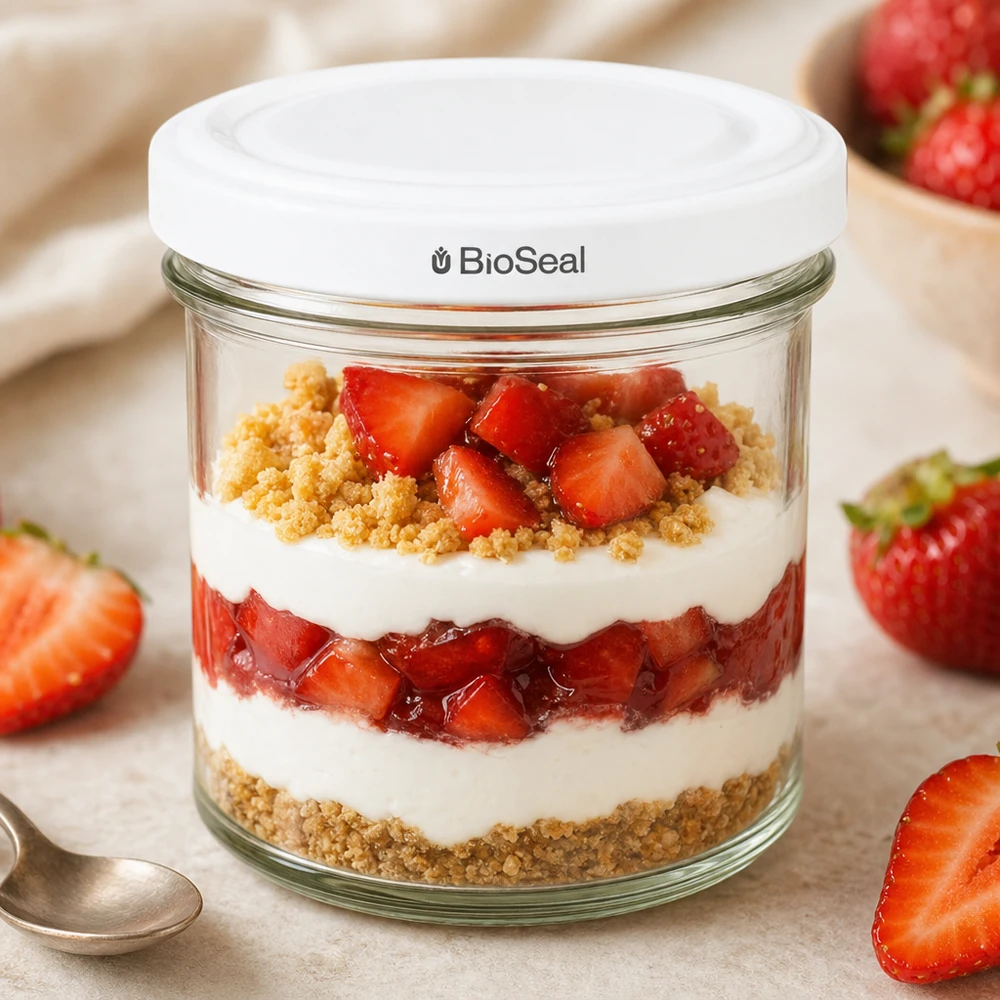 Tumbler o objemu 125 ml s bílým víčkem BioSeal UNiTWIST UNiTWIST Sturzglas 125ml Schichtdessert Erdbeeren Joghurt Keksboden TO66 BioSeal Deckel Dessertglas Parfait