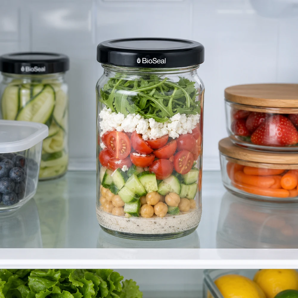 Kulatá sklenice 110 ml + víčko BioSeal černé UNiTWIST. UNiTWIST Runda110 Schichtsalat im Kühlschrank mit schwarzem TO48 BioSeal Deckel - Meal Prep Glas für frische Zutaten