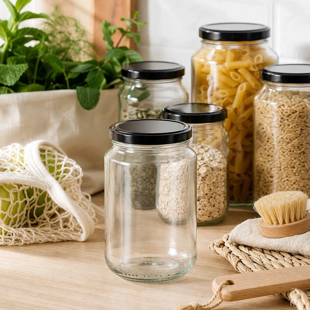 375ml kulatá sklenice s víčkem BasicSeal černá UNiTWIST 375ml Rundglas mit schwarzem Deckel in nachhaltiger Küchenumgebung zwischen Vorratsgläsern mit Pasta und Getreide