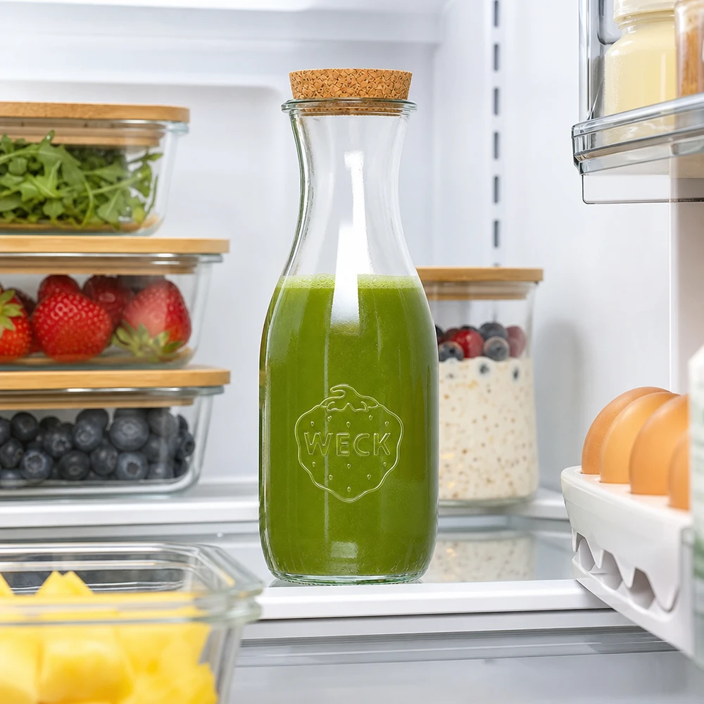 1062ml láhev na džus WECK RR60 s korkem přírodní WECK Saftflasche 1062ml mit grünem Smoothie im Kühlschrank zwischen frischen Lebensmitteln und Vorratsbehältern