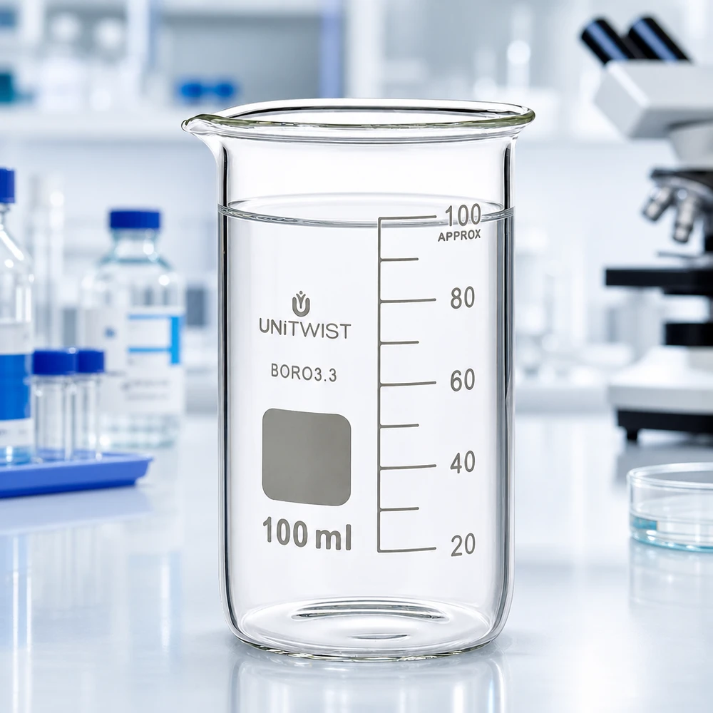 Kádinka 100ml borosilikátová, vysoký tvar UNiTWIST Becherglas 100ml hohe Form Borosilikat UNITWIST mit Wasserfüllung in professioneller Laborumgebung