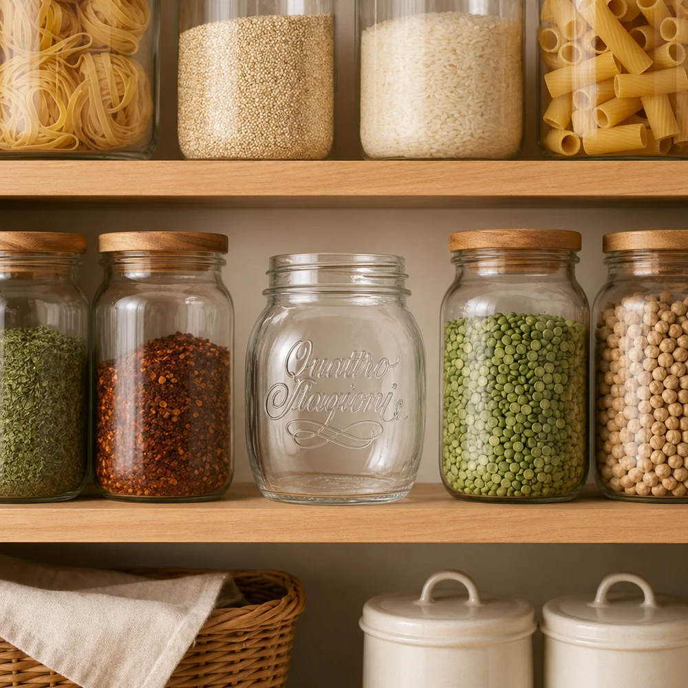 700ml kulatá zavařovací sklenice "Quattro Stagioni" QS86mm 700ml Quattro Stagioni Haushaltsglas mit Holzdeckel für Vorratshaltung von Hülsenfrüchten und Gewürzen in der Küche