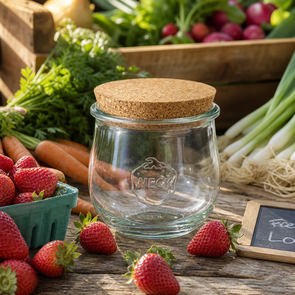 370ml tulipánová zavařovací sklenice WECK RR80 s korkem přírodní WECK Vorratsglas 370ml RR80 mit Korkverschluss zwischen frischen Erdbeeren und Gemüse auf Holztisch arrangiert