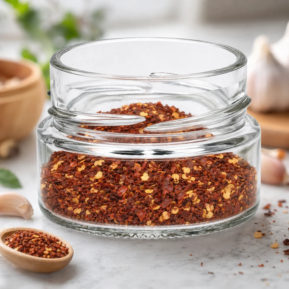 Kulatá sklenice o objemu 80 ml bez víčka (TO58deep) UNiTWIST UNiTWIST Runda80 Rundglas 80ml TO58deep mit Chili-Gewürzmischung gefüllt auf Küchenarbeitsplatte
