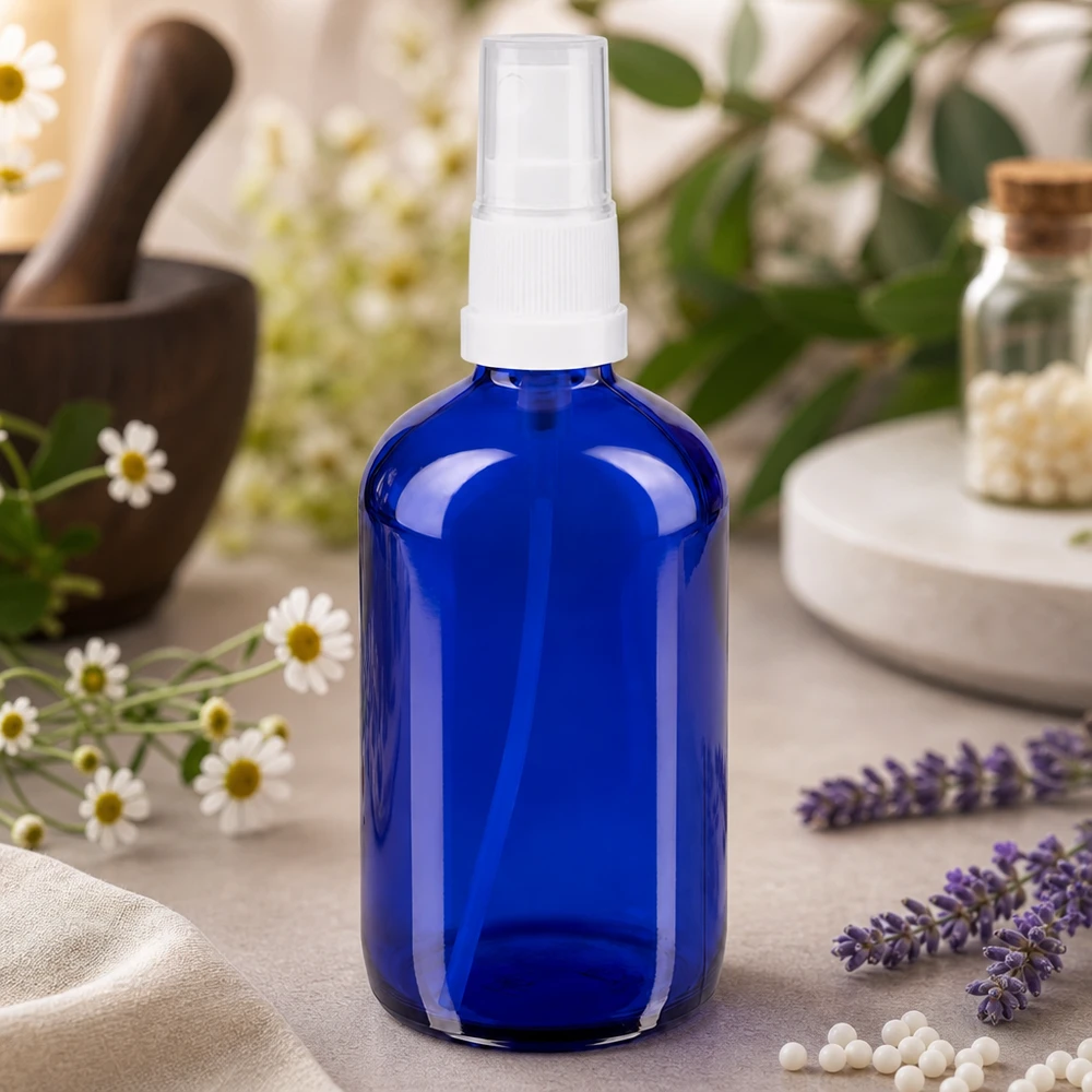Lékárenská lahvička modrá 100ml stříkací nástavec bílý Lichtschutz Sprayflasche 100ml aus blauem Glas mit weißem Pumpzerstäuber für Homöopathie