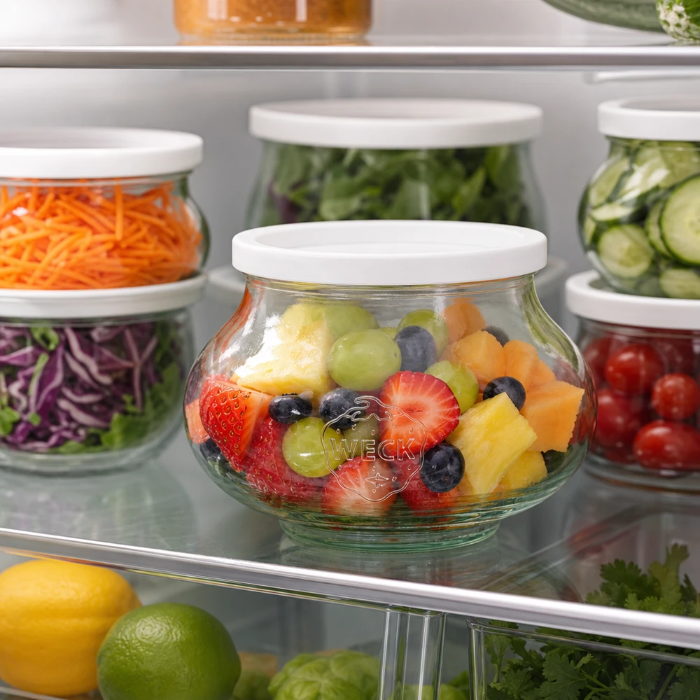 560ml dekorativní sklenice s víčkem pro zachování čerstvosti WECK RR80. WECK Schmuckglas 560ml RR80 mit Obstsalat im Kühlschrank neben anderen Vorratsgläsern mit Gemüse und Salat