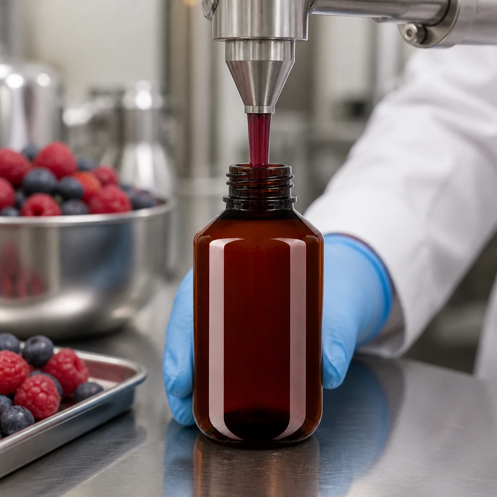 PET láhev 100ml s bílým standardním uzávěrem s pojistkou proti manipulaci Červená ovocná šťáva se plní do jantarově zbarvených 100ml PET lahví s originálním uzávěrem