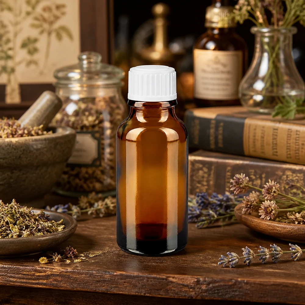 Lékárenská láhev hnědá 20ml šroubovací uzávěr bílý standardní Lichtschutzflasche 20ml Apothekerglas weiß verschlossen neben Lavendel Gewürzen und Naturheilmitteln