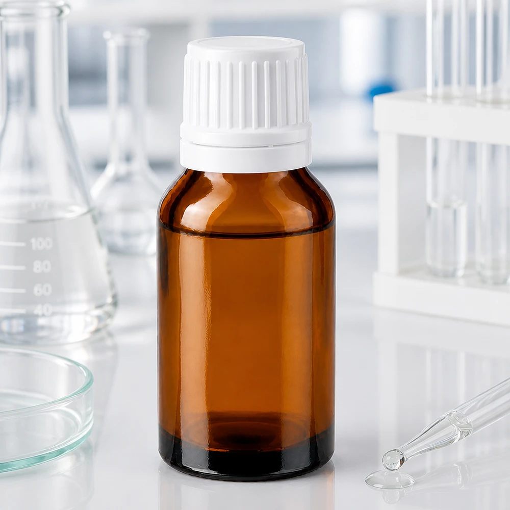Lékárenská lahvička hnědá 30ml šroubovací uzávěr bílý bezpečnostní uzávěr. Apothekerflasche Braunglas 30ml mit weißem Schraubverschluss zwischen Laborgeräten