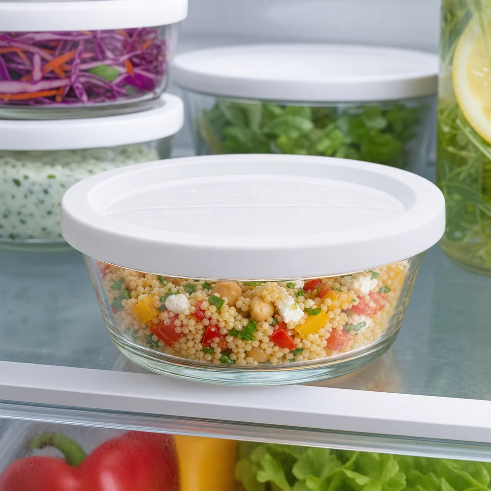 WECK RR120 Gourmetglas 300ml im Kühlschrank mit buntem Couscous-Salat gefüllt neben anderen Vorratsbehältern