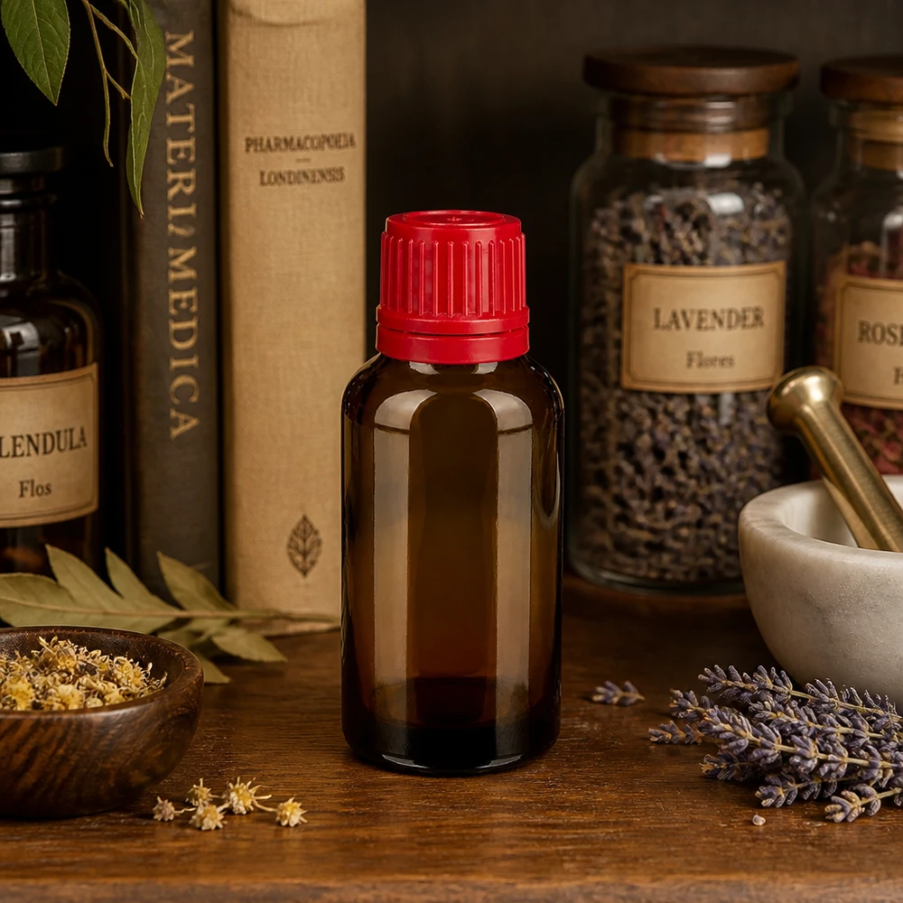 Vintage Apothekerflasche 30ml mit traditionellem Design und modernem roten Sicherheitsverschluss