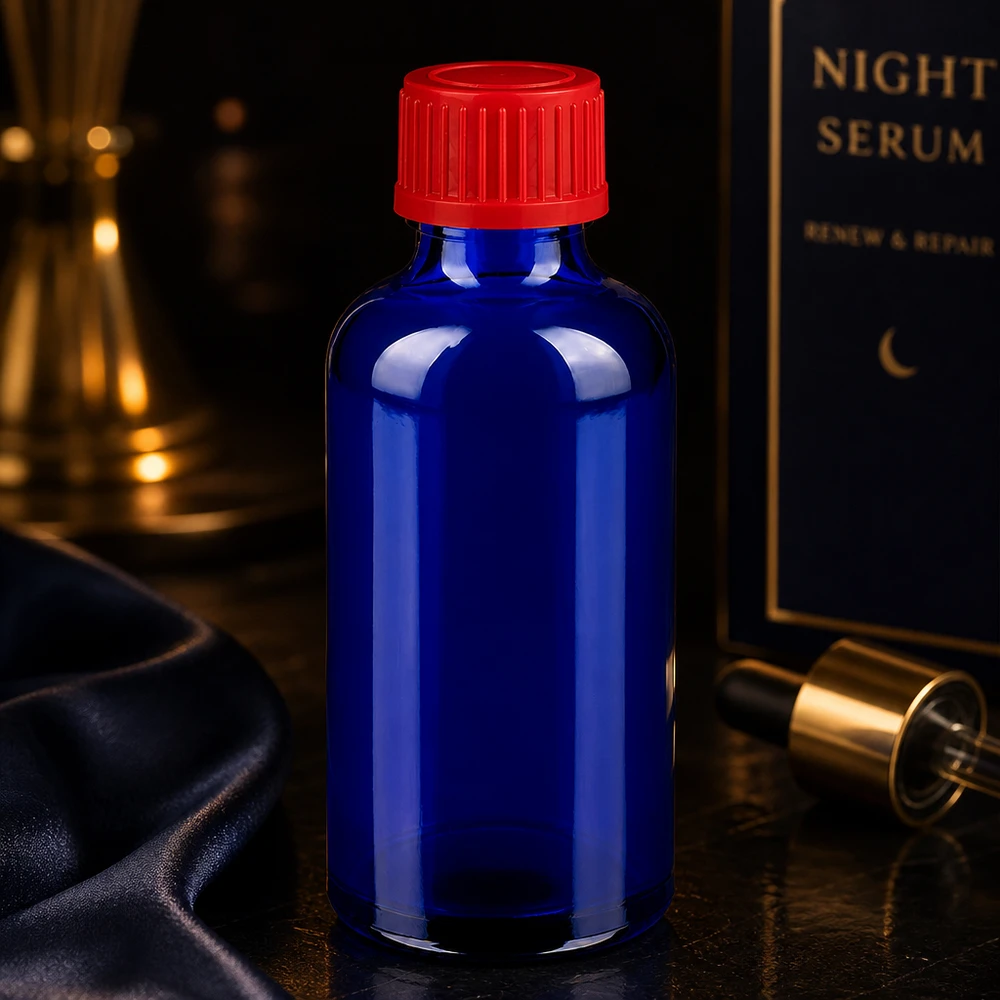 50ml láhev se šroubovacím uzávěrem 11 mm červená Standard BlueLine UT18/50 Wissenschaftliche Probenflasche 50ml mit präzisem 11mm Gewinde und rotem Laborverschluss