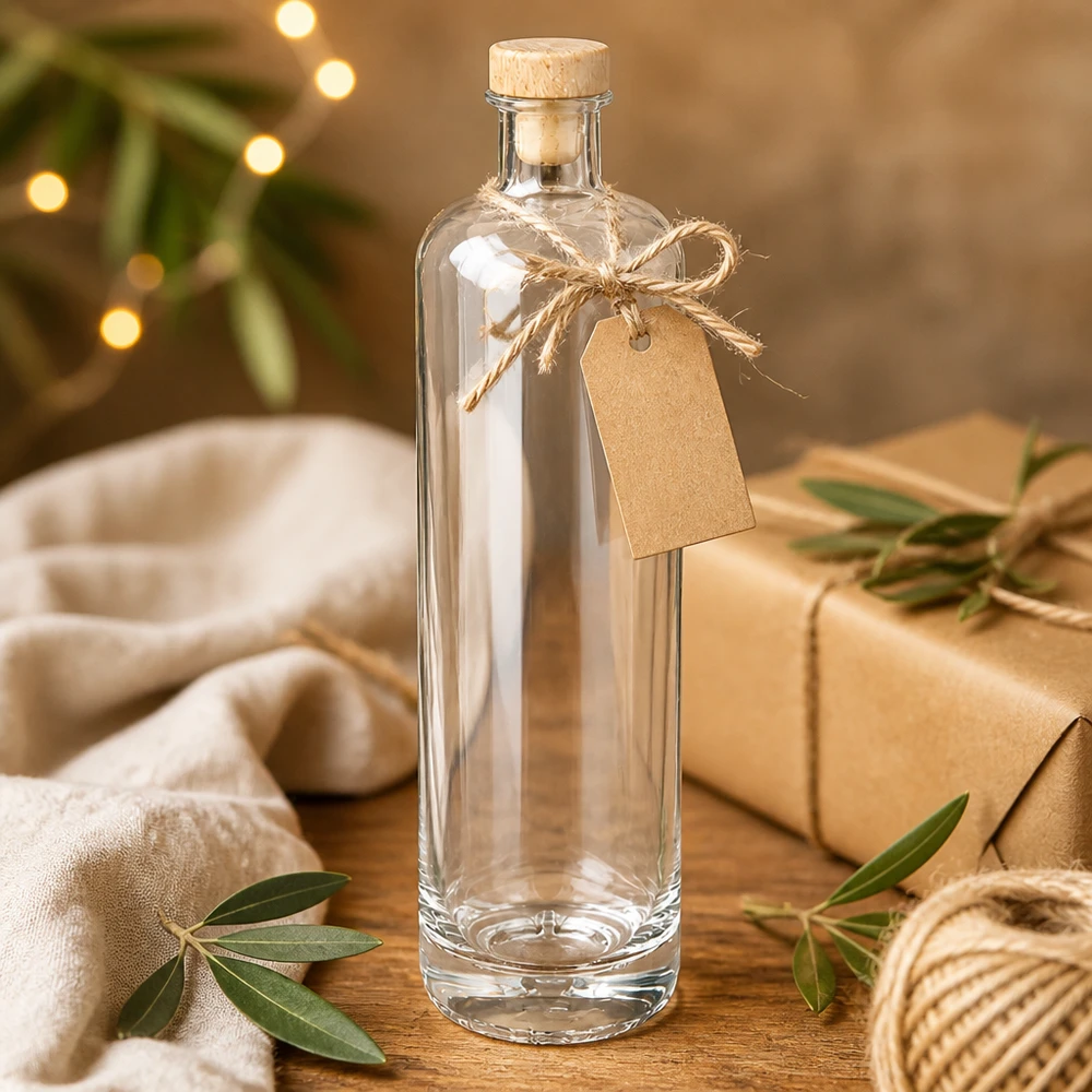 700ml Glasflasche Ella leer mit Holzkorken und Geschenkanhänger in festlicher Weihnachts-Dekoration mit Lichterkette