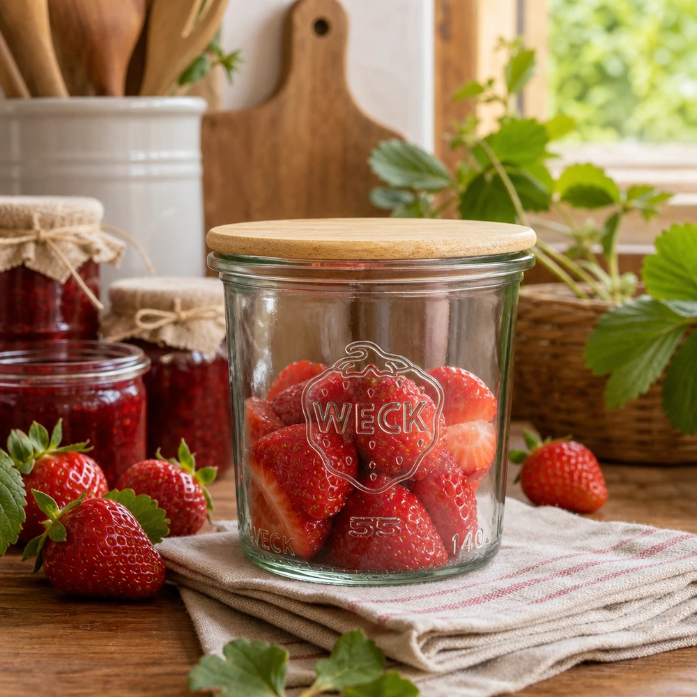 140ml tumblery WECK RR60 s dřevěným víčkem buk. WECK Sturzglas 140ml RR60 mit frischen Erdbeeren befüllt zeigt praktische Verwendung in rustikaler Küchenumgebung