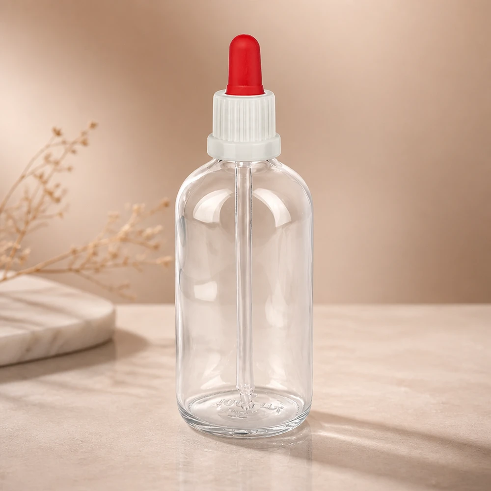 100ml pipetovací láhev bílá/červený uzávěr s ochranou proti manipulaci ClearLine UT18/100 Borosilikatglas Pipettenflasche 100ml schmaler Hals UT18 weißer Verschluss roter Druckball leer