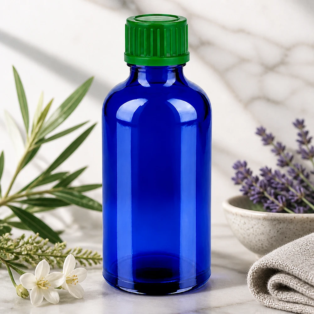 50ml láhev 11mm šroubovací uzávěr zelená Standard BlueLine UT18/50 50ml blaue Vorratsflasche mit 18mm Verschluss ideal für Kräuterauszüge und Essenzen