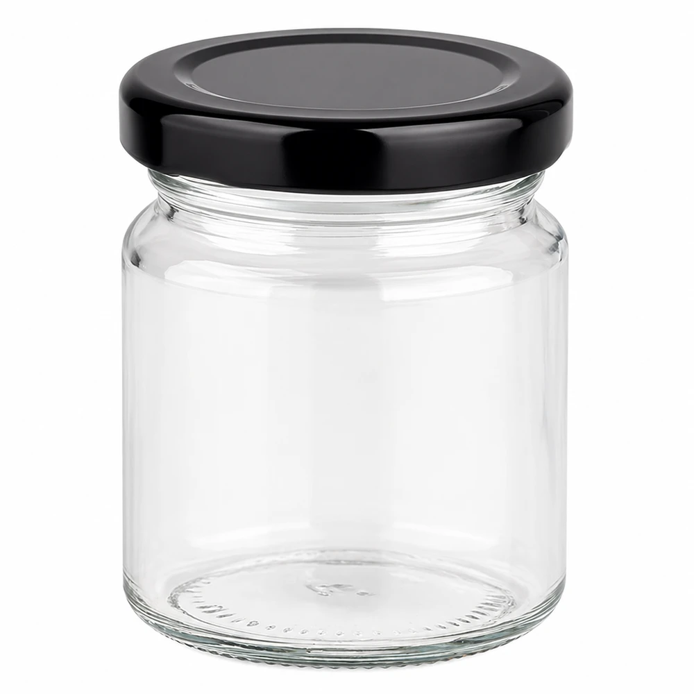 53ml kulatá sklenice s víčkem BasicSeal černá UNiTWIST 53ml Rundglas mit schwarzem BasicSeal Deckel leer auf weißem Hintergrund kleine Glasdose für Konservierung