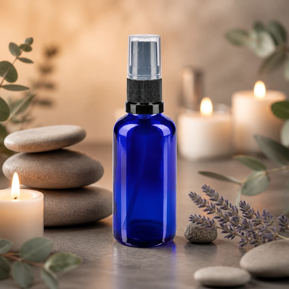 Hochwertige blaue 50ml Glassprayflasche mit schwarzem Zerstäuber für Naturkosmetik
