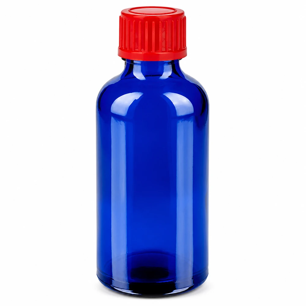 Kompakte 50ml Flasche ideal für Labor Apotheke und chemische Anwendungen blau rot