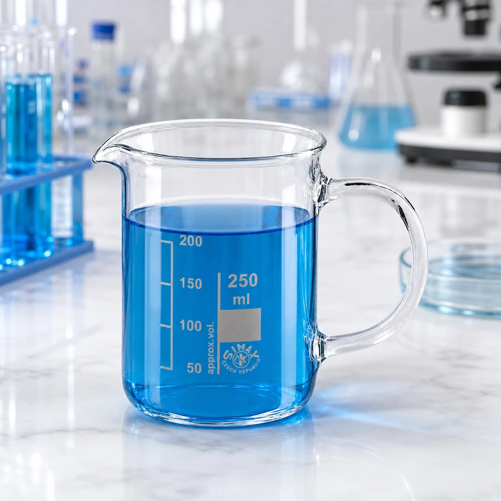 Kádinka z borosilikátového skla 250ml, s rukojetí Laborbecherglas 250ml mit seitlichem Griff und Ausgussschnabel aus klarem Borosilikatglas