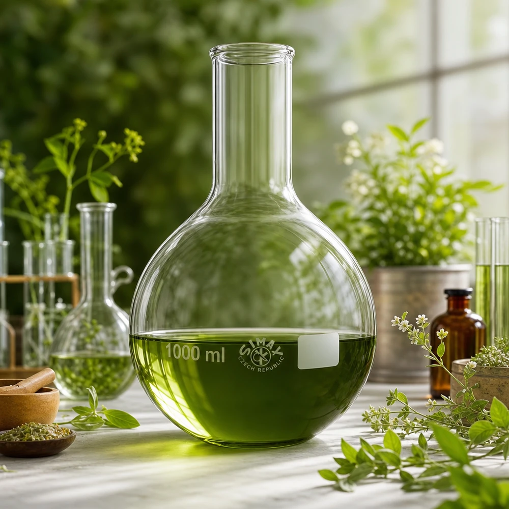 Stojatá baňka 1000ml s úzkým hrdlem 1000ml Laborkolben Enghals in botanischem Setting für natürliche Wirkstoffforschung
