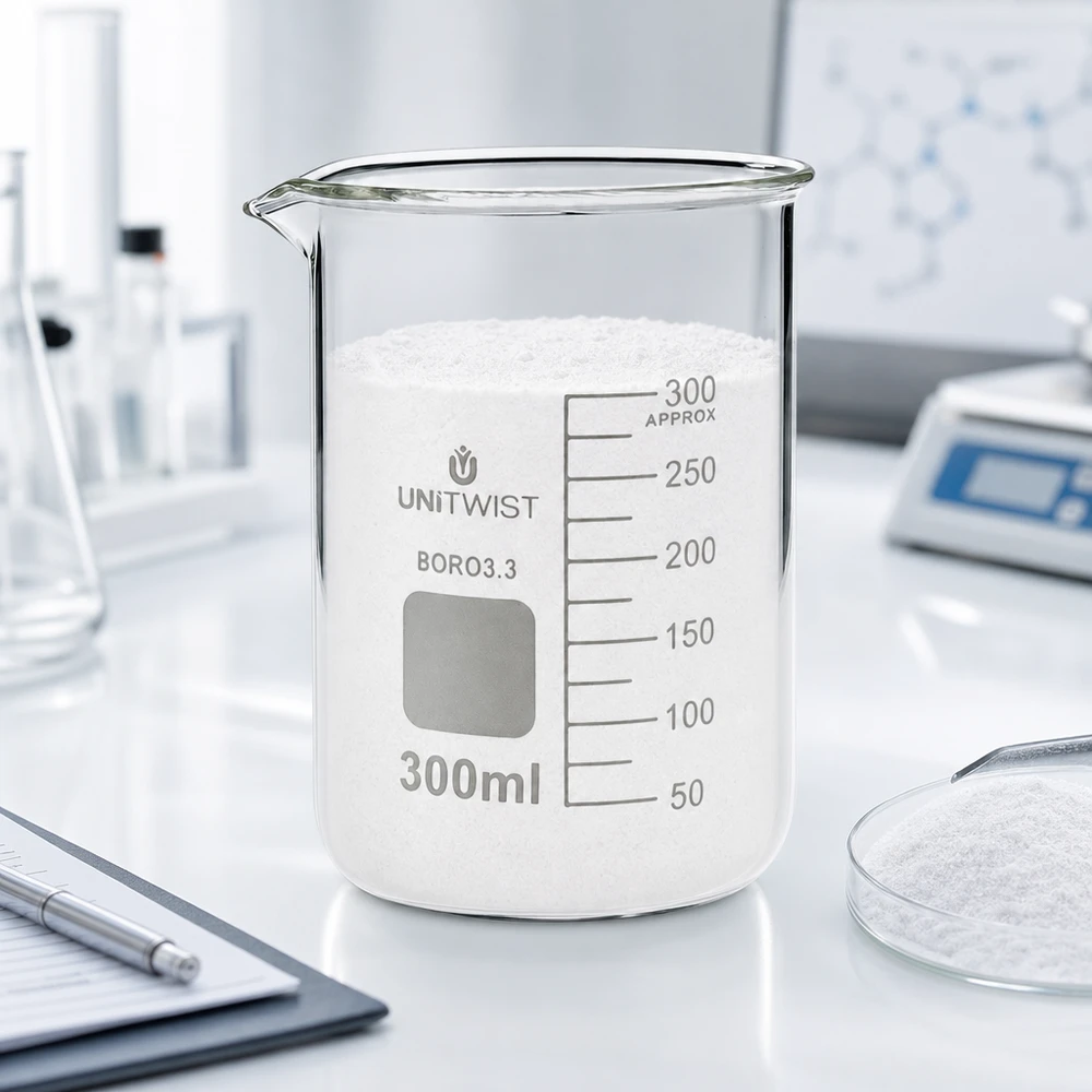 Kádinka 300 ml borosilikátová, nízká forma UNiTWIST Chemielabor Becherglas 300ml mit weißem Pulver Waage und Notizbuch auf weißem Tisch