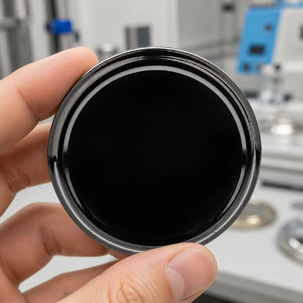 82mm víko BasicSeal černé (TO82) UNiTWIST Ruka drží černé víčko TO82 BasicSeal o průměru 82 mm s uzávěrem UNiTWIST na pozadí laboratoře