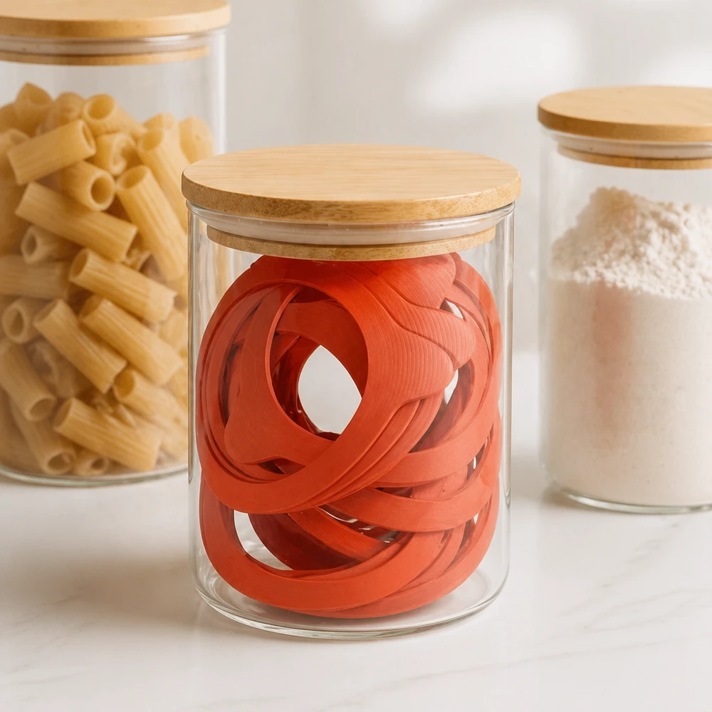Konzervační kroužek z přírodního kaučuku RR80 Orangefarbene Einkochringe RR80 in stylischem Glasvorratsgefäß mit Holzdeckel neben Pasta und Mehl in moderner Küche