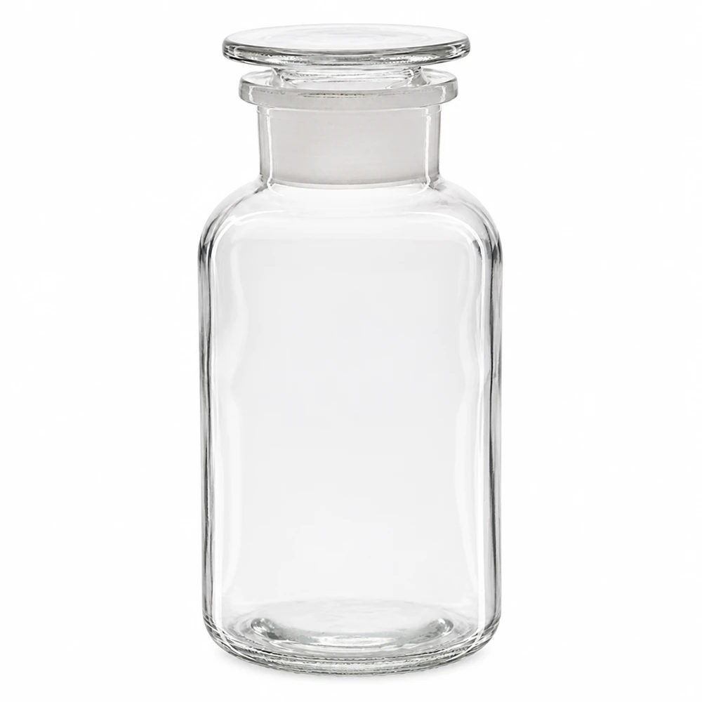 Láhev s kulatým ramenem 500ml čirá skleněná zátka se širokým hrdlem 500ml Weithalsflasche Rundschulter Klarglas mit mattem Glasstopfen für Chemikalien