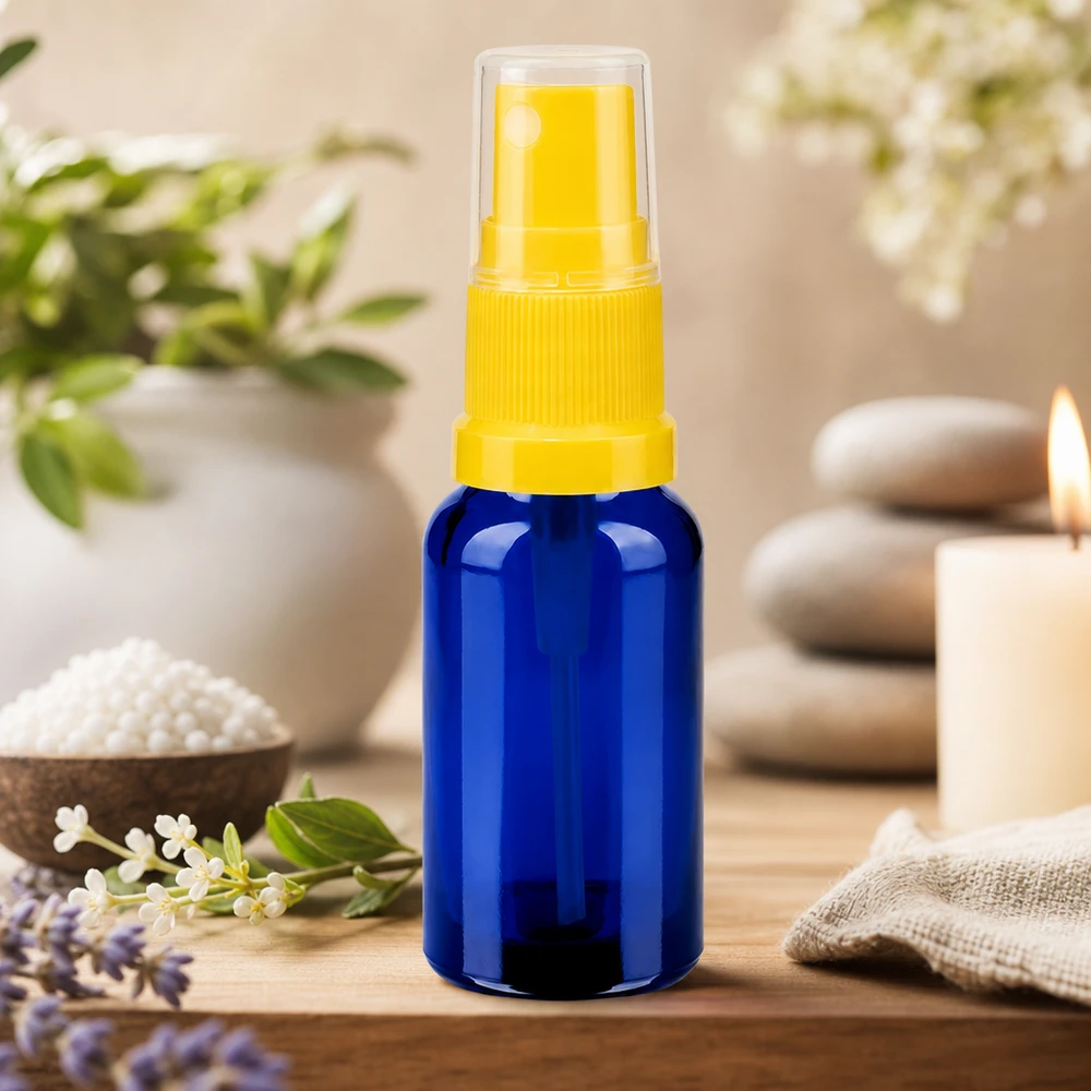 20ml lahvička s rozprašovačem žlutá/transparentní standardní uzávěr BlueLine UT18/20 Wiederbefüllbare 20ml Glassprayflasche mit Pumpmechanismus BlueLine UT18/20