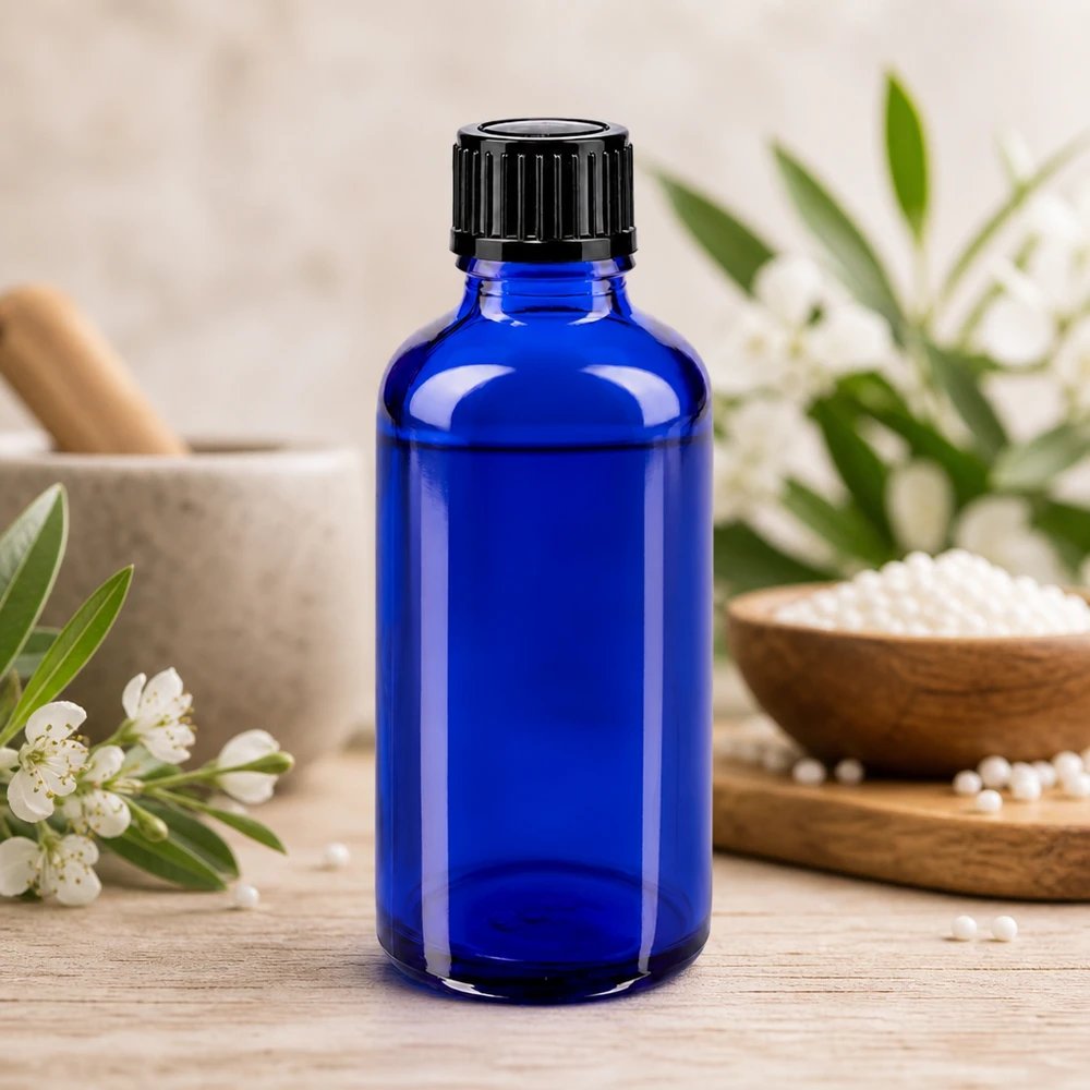 Lékárenská láhev modrá 50ml kapátko 1mm černé standardní UV-Schutz Tropfflasche 50ml Blauglas mit schwarzem Deckel für lichtempfindliche Substanzen